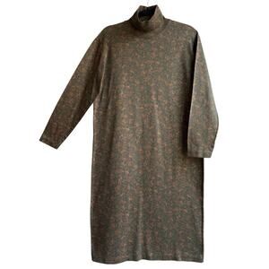 Vintage Lands End Paisley Mock Neck Midi Shift Dress 100% Cotton Green M 10-12